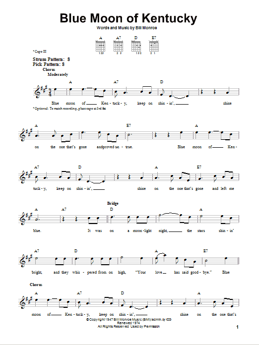 Preview Bill Monroe Blue Moon Of Kentucky Country sheet music, notes and chords for Lyrics & Chords, SKU: 80052 Blue Moon Of Kentucky sheet music