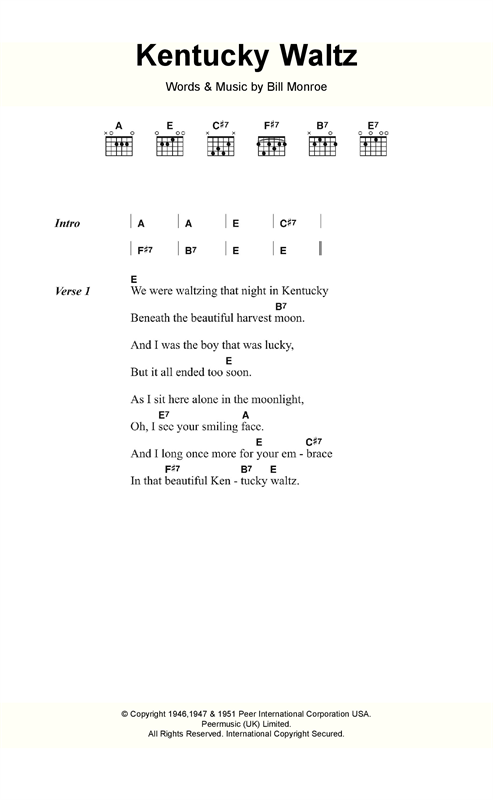 Bill Monroe Kentucky Waltz Sheet Music Notes & Chords for Lyrics & Chords - Download or Print PDF