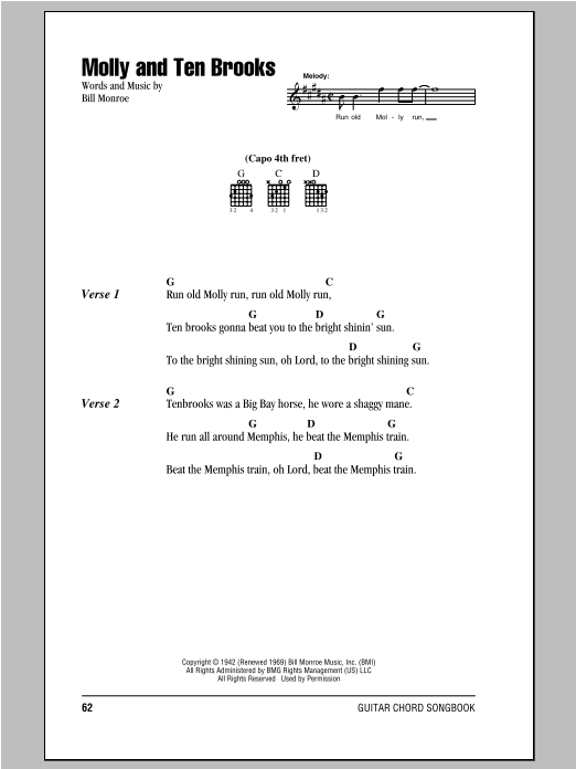 Preview Bill Monroe Molly And Ten Brooks Folk sheet music, notes and chords for Lyrics & Chords, SKU: 93792 Molly And Ten Brooks sheet music