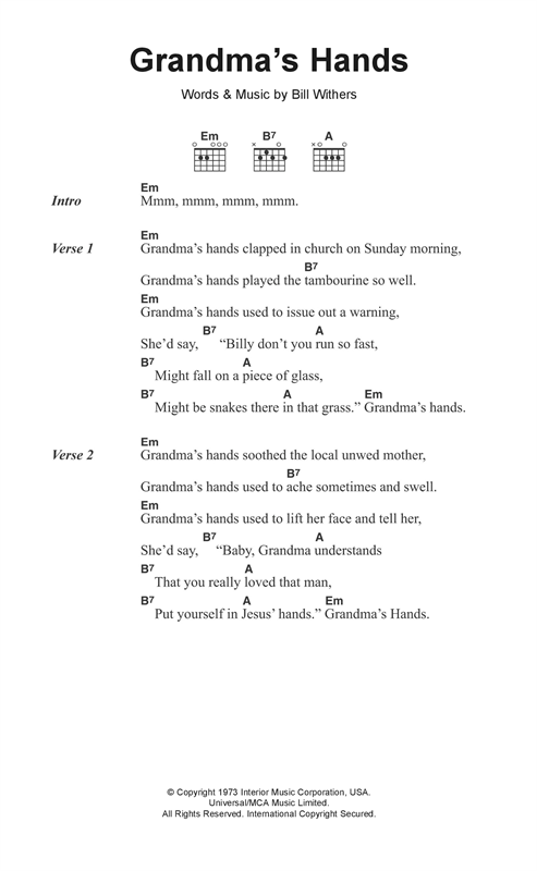 Bill Withers Grandma's Hands Sheet Music Notes & Chords for Lyrics & Chords - Download or Print PDF