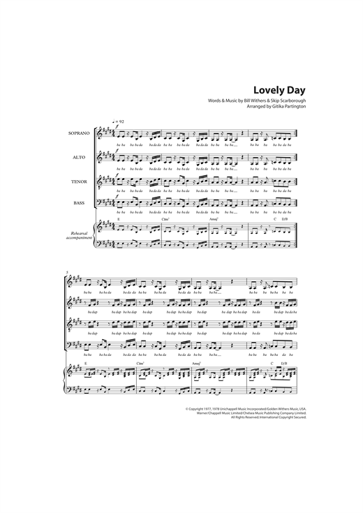Preview Bill Withers Lovely Day (arr. Gitika Partington) Pop sheet music, notes and chords for SATB, SKU: 124487 Lovely Day (arr. Gitika Partington) sheet music