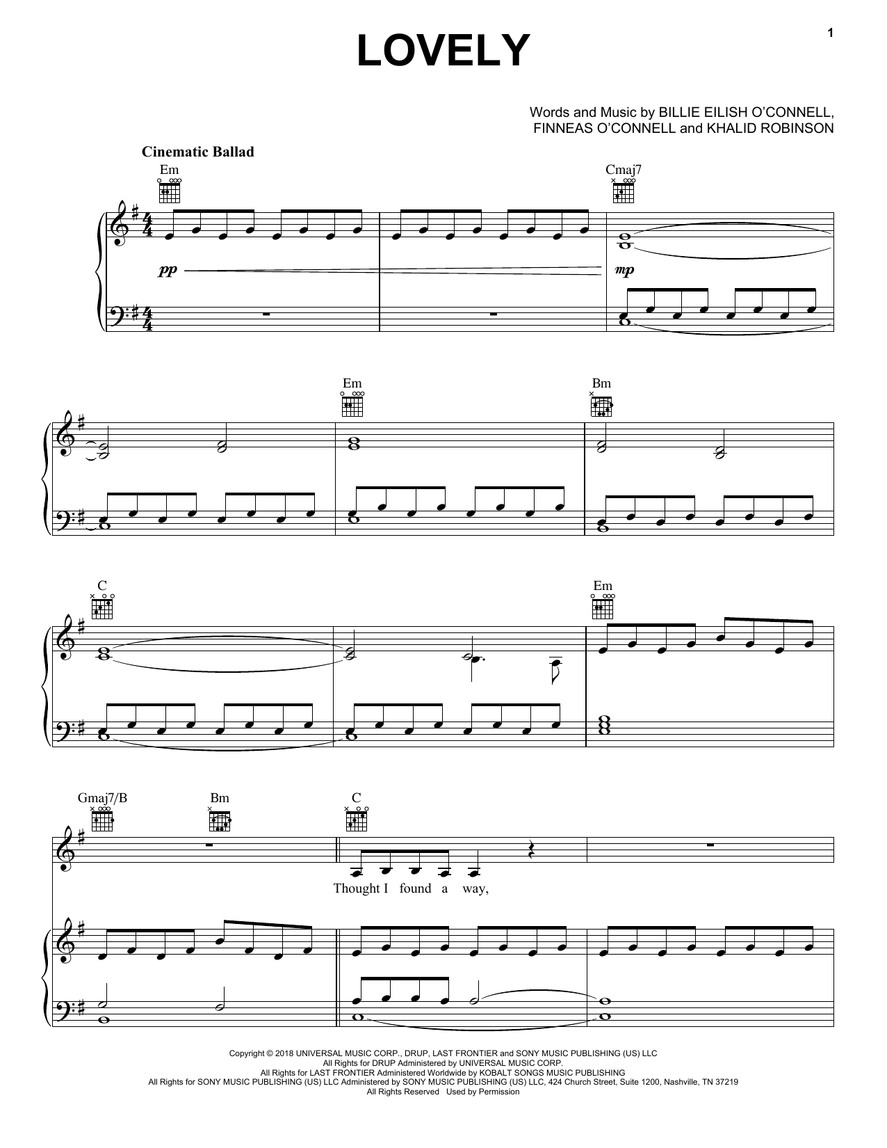 Billie Eilish & Khalid lovely (from 13 Reasons Why) Sheet Music Notes & Chords for Piano & Vocal - Download or Print PDF