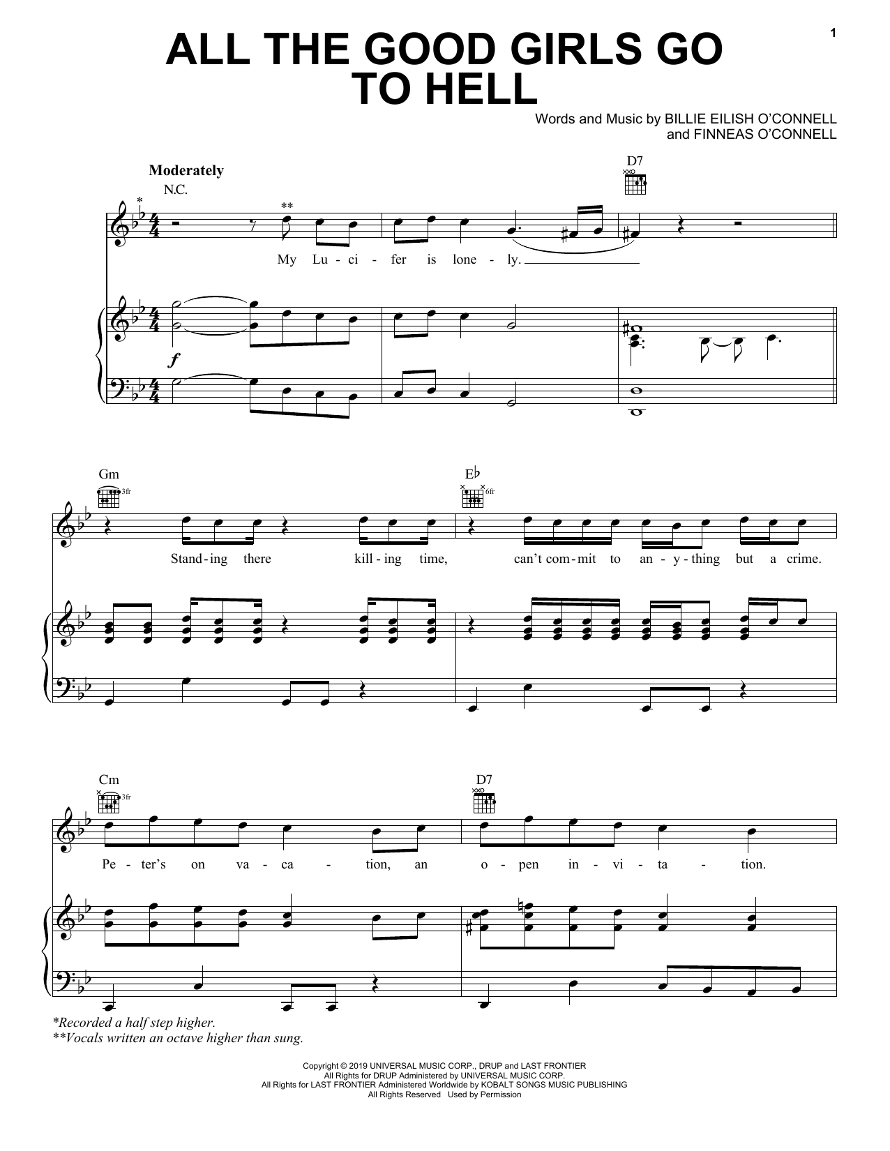 Billie Eilish all the good girls go to hell Sheet Music Notes & Chords for Piano, Vocal & Guitar (Right-Hand Melody) - Download or Print PDF