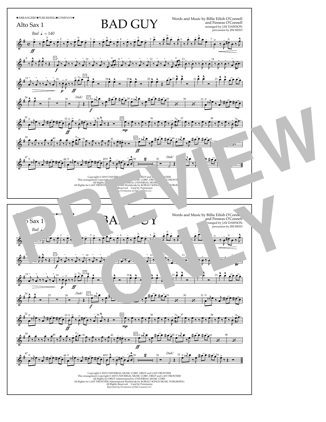 Billie Eilish Bad Guy (arr. Jay Dawson) - Alto Sax 1 Sheet Music Notes & Chords for Marching Band - Download or Print PDF