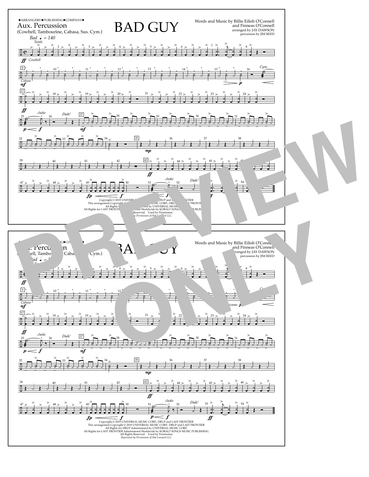Billie Eilish Bad Guy (arr. Jay Dawson) - Aux. Percussion Sheet Music Notes & Chords for Marching Band - Download or Print PDF
