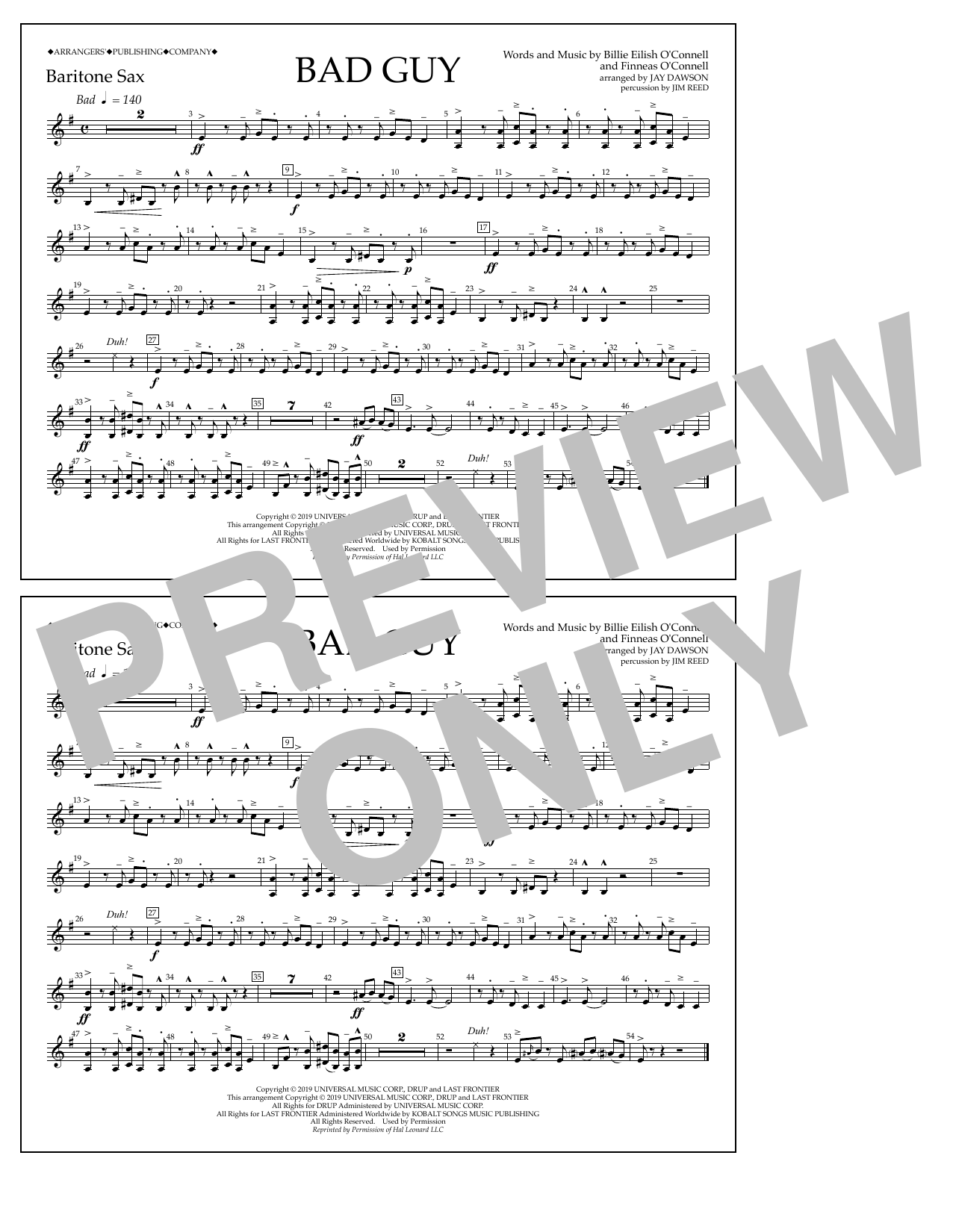 Billie Eilish Bad Guy (arr. Jay Dawson) - Bari Sax Sheet Music Notes & Chords for Marching Band - Download or Print PDF