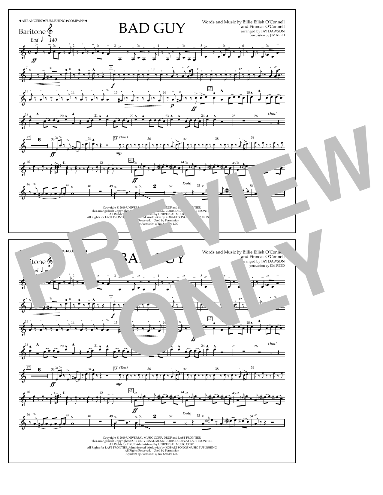 Billie Eilish Bad Guy (arr. Jay Dawson) - Baritone T.C. Sheet Music Notes & Chords for Marching Band - Download or Print PDF