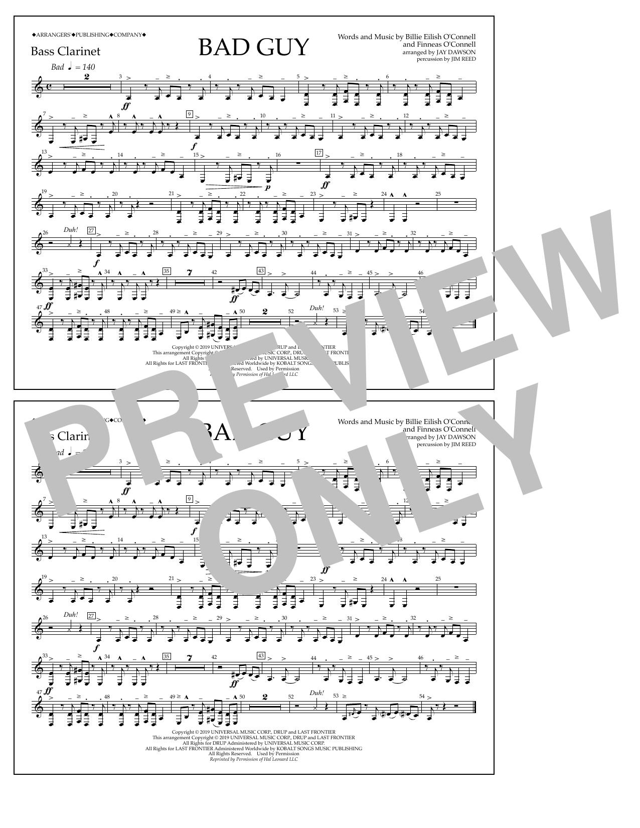 Billie Eilish Bad Guy (arr. Jay Dawson) - Bass Clarinet Sheet Music Notes & Chords for Marching Band - Download or Print PDF