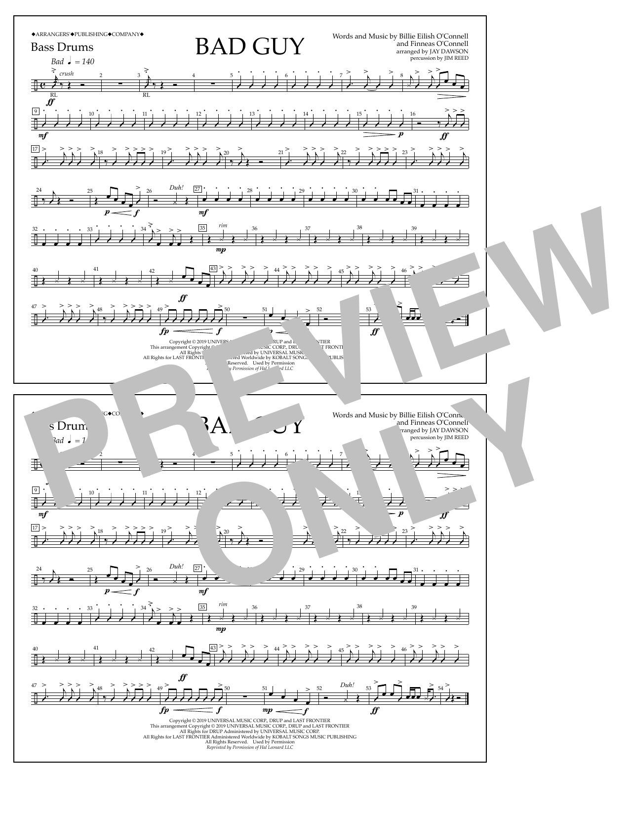 Billie Eilish Bad Guy (arr. Jay Dawson) - Bass Drums Sheet Music Notes & Chords for Marching Band - Download or Print PDF