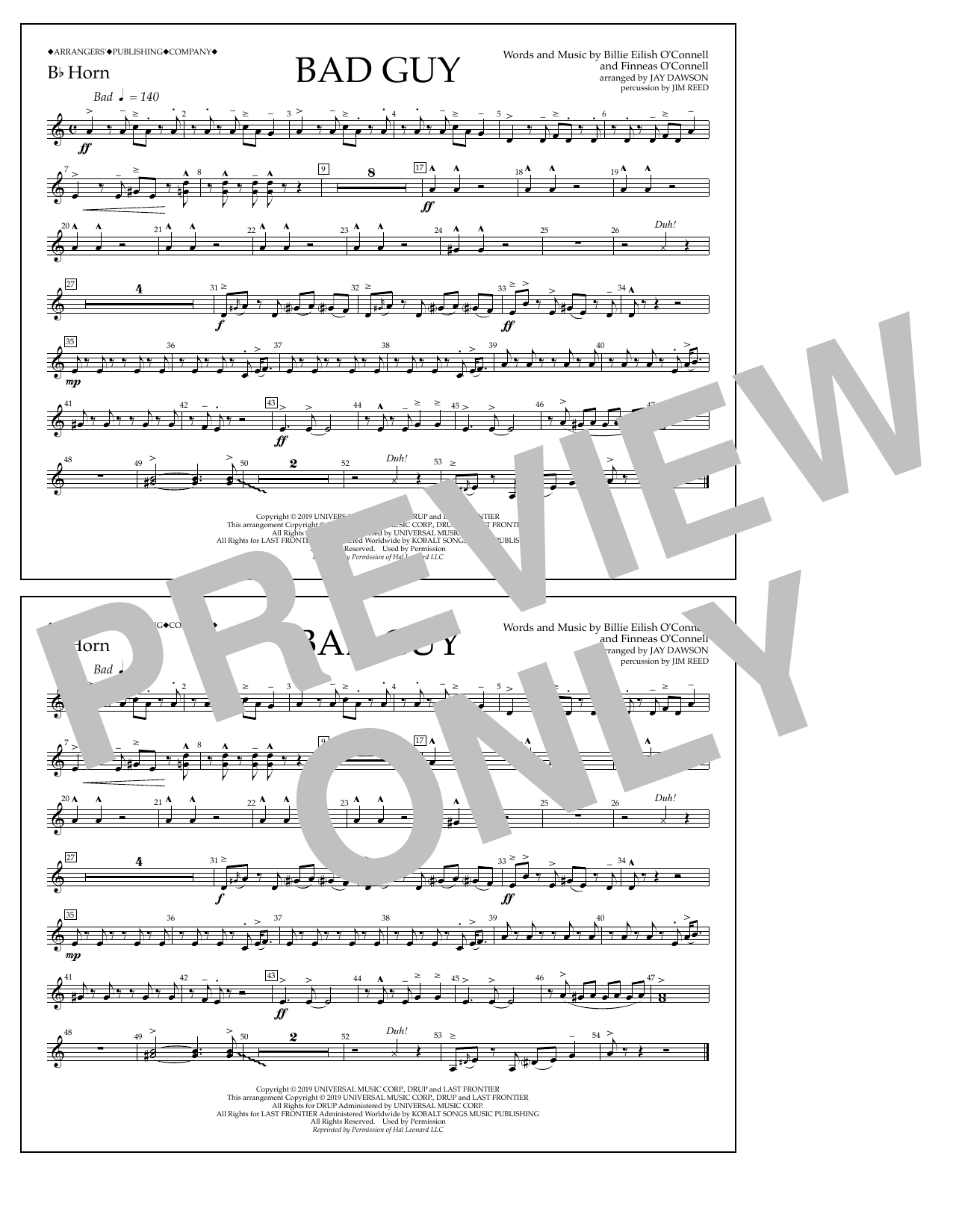 Billie Eilish Bad Guy (arr. Jay Dawson) - Bb Horn Sheet Music Notes & Chords for Marching Band - Download or Print PDF