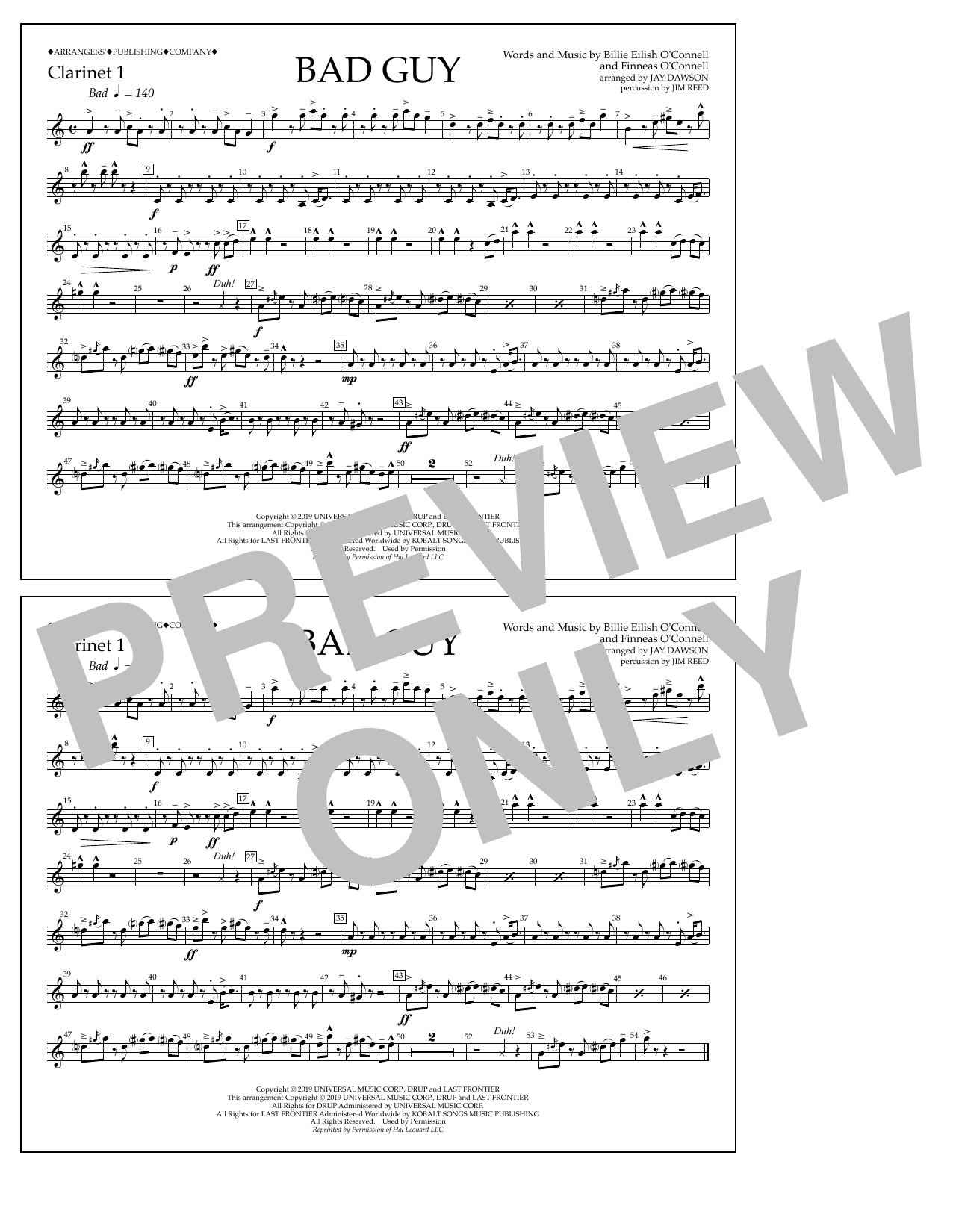 Billie Eilish Bad Guy (arr. Jay Dawson) - Clarinet 1 Sheet Music Notes & Chords for Marching Band - Download or Print PDF