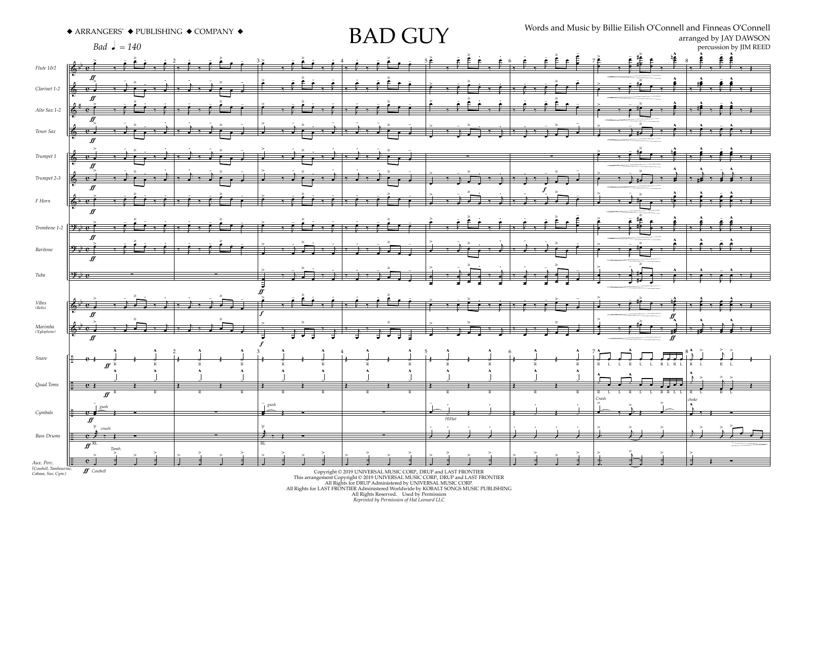 Billie Eilish Bad Guy (arr. Jay Dawson) - Conductor Sheet Music Notes & Chords for Marching Band - Download or Print PDF