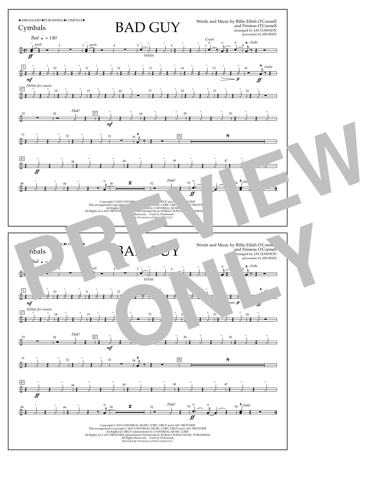 Billie Eilish Bad Guy (arr. Jay Dawson) - Cymbals Sheet Music Notes & Chords for Marching Band - Download or Print PDF