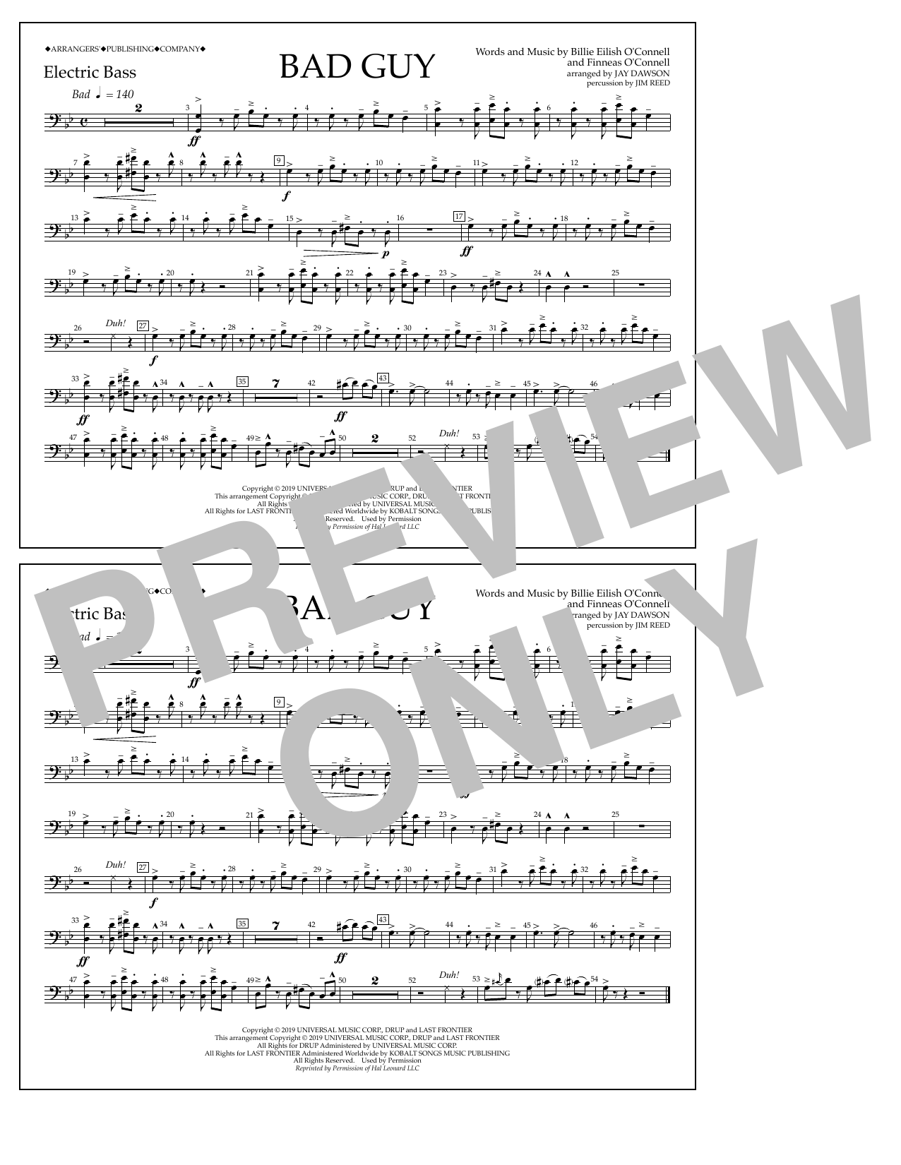 Billie Eilish Bad Guy (arr. Jay Dawson) - Electric Bass Sheet Music Notes & Chords for Marching Band - Download or Print PDF