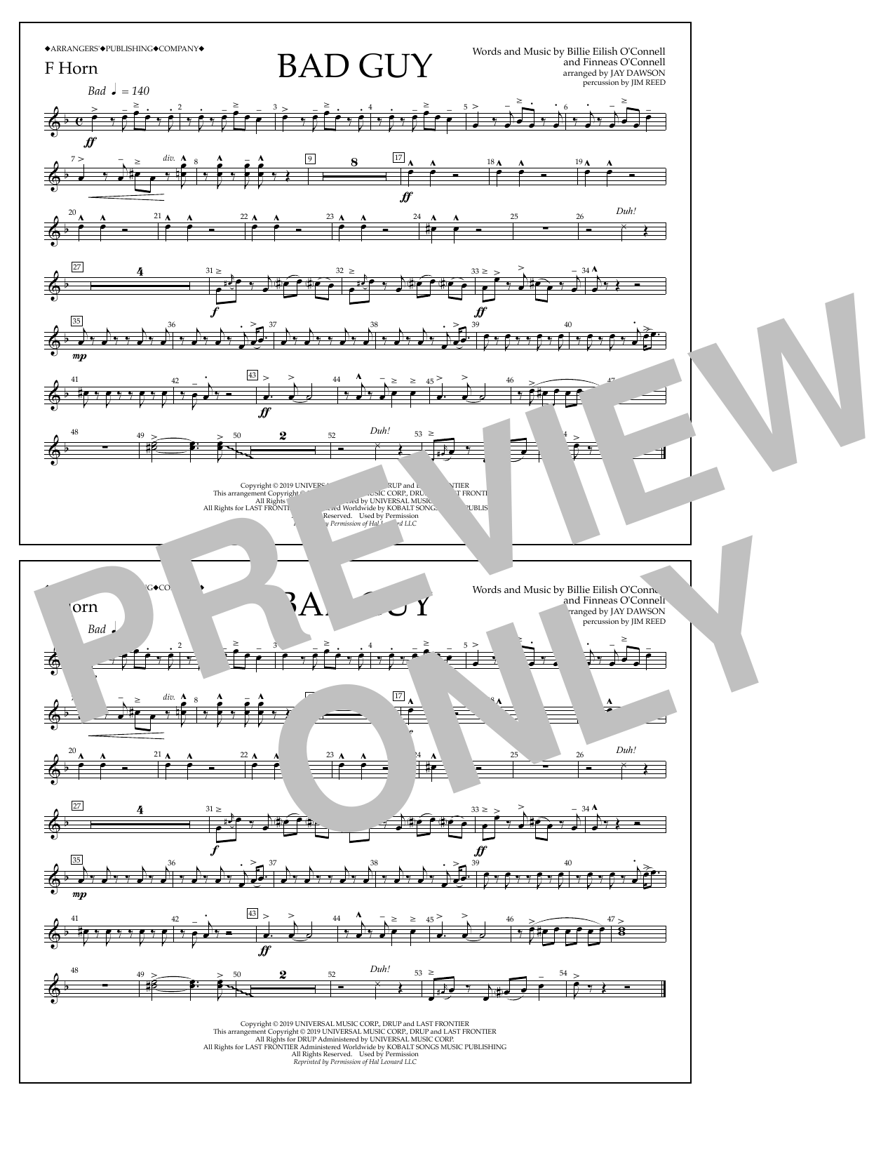 Billie Eilish Bad Guy (arr. Jay Dawson) - F Horn Sheet Music Notes & Chords for Marching Band - Download or Print PDF