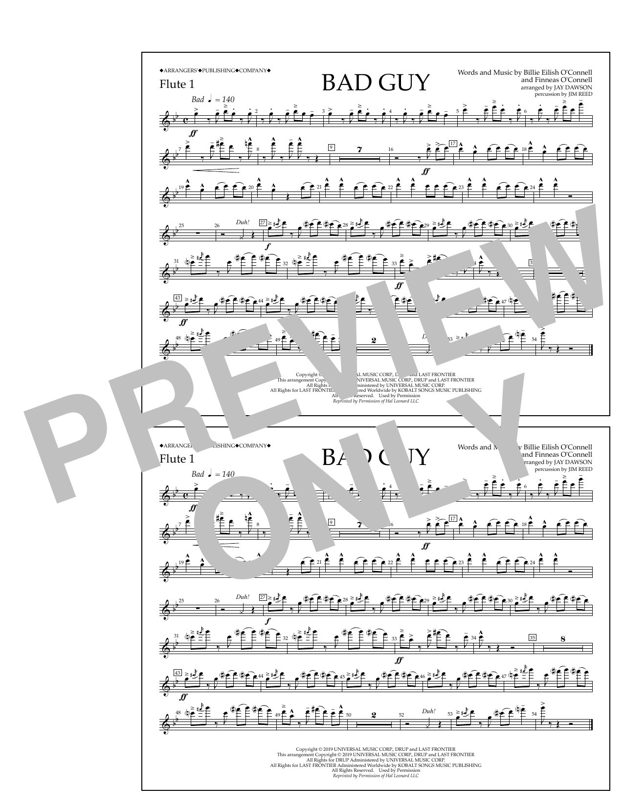 Billie Eilish Bad Guy (arr. Jay Dawson) - Flute 1 Sheet Music Notes & Chords for Marching Band - Download or Print PDF