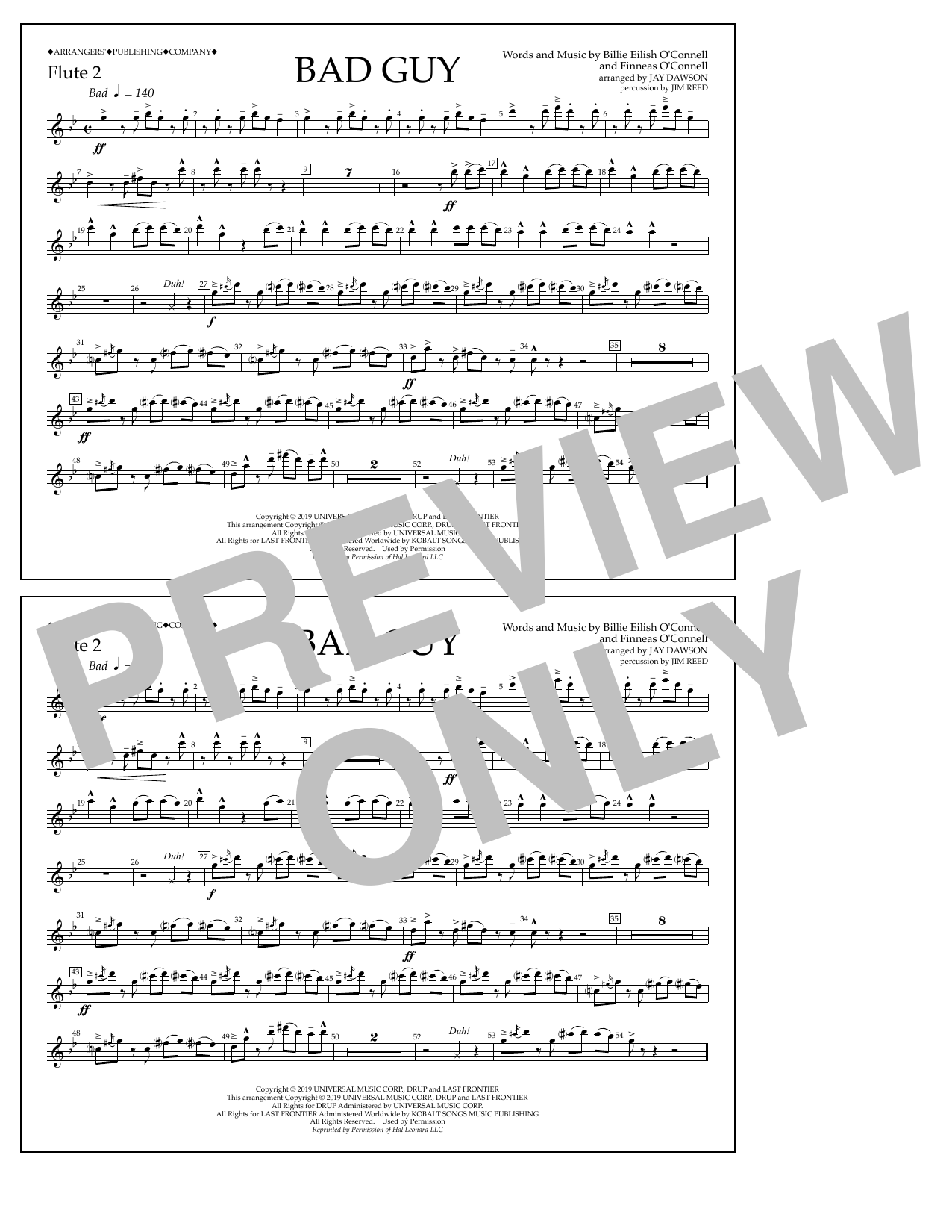 Billie Eilish Bad Guy (arr. Jay Dawson) - Flute 2 Sheet Music Notes & Chords for Marching Band - Download or Print PDF