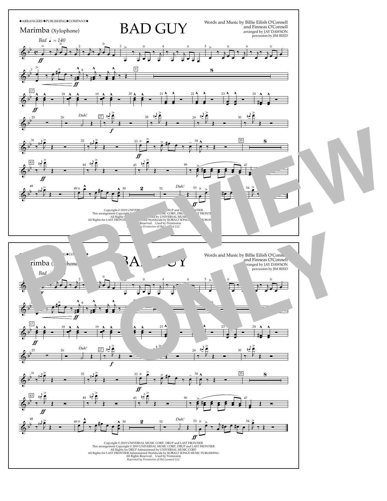 Billie Eilish Bad Guy (arr. Jay Dawson) - Marimba Sheet Music Notes & Chords for Marching Band - Download or Print PDF