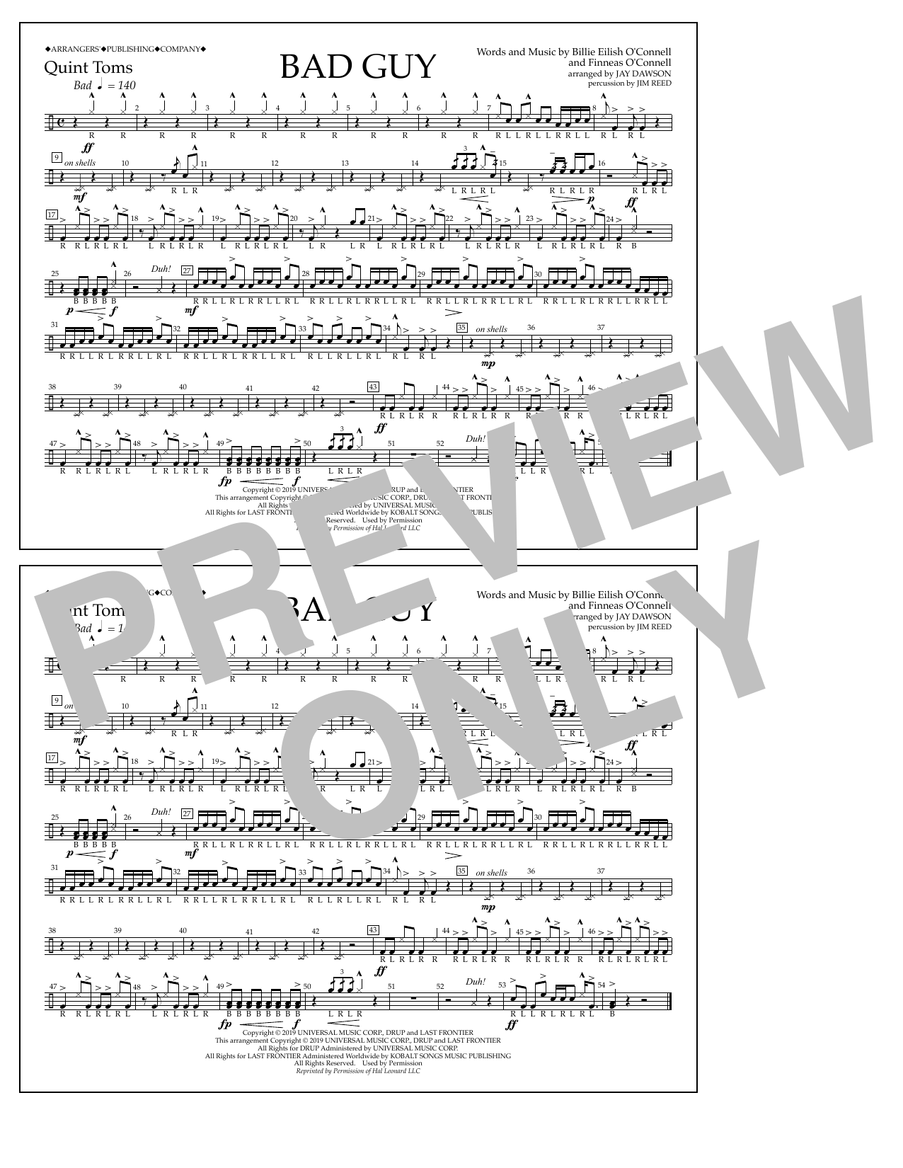 Billie Eilish Bad Guy (arr. Jay Dawson) - Quint-Toms Sheet Music Notes & Chords for Marching Band - Download or Print PDF