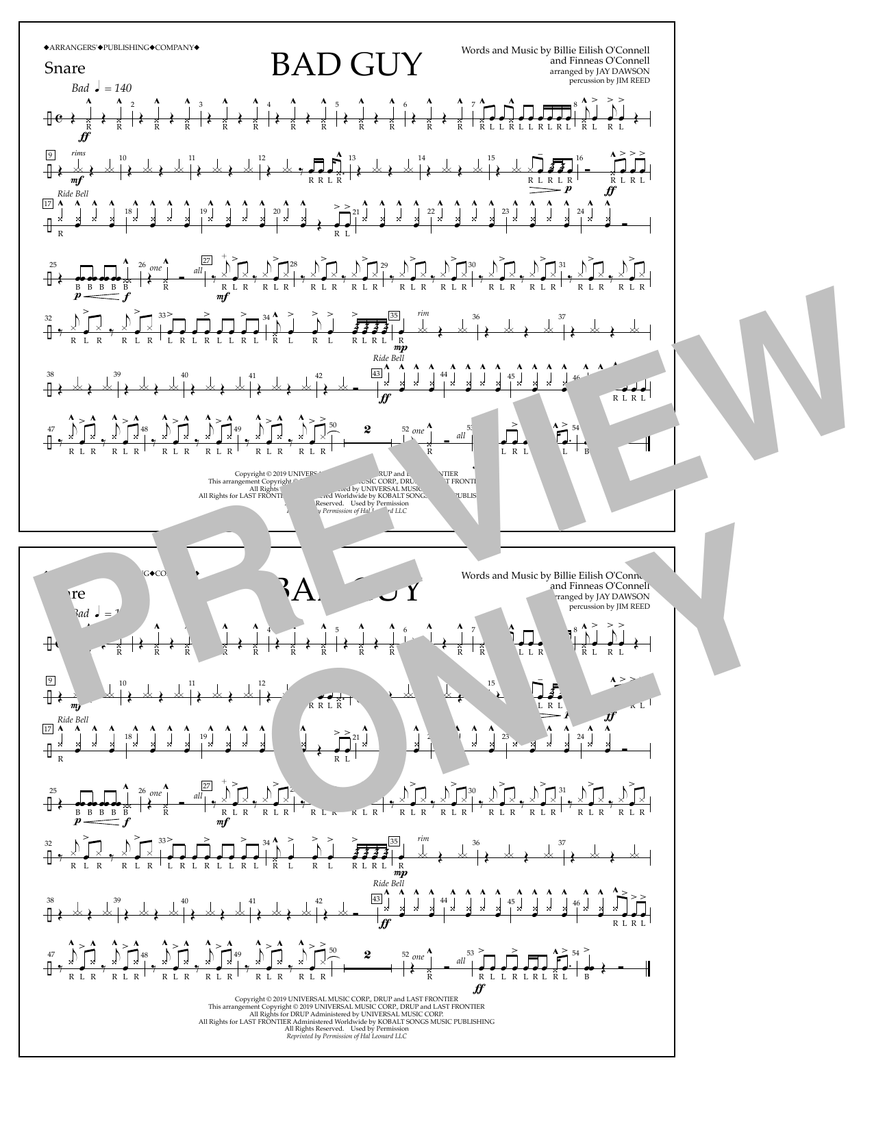 Billie Eilish Bad Guy (arr. Jay Dawson) - Snare Sheet Music Notes & Chords for Marching Band - Download or Print PDF