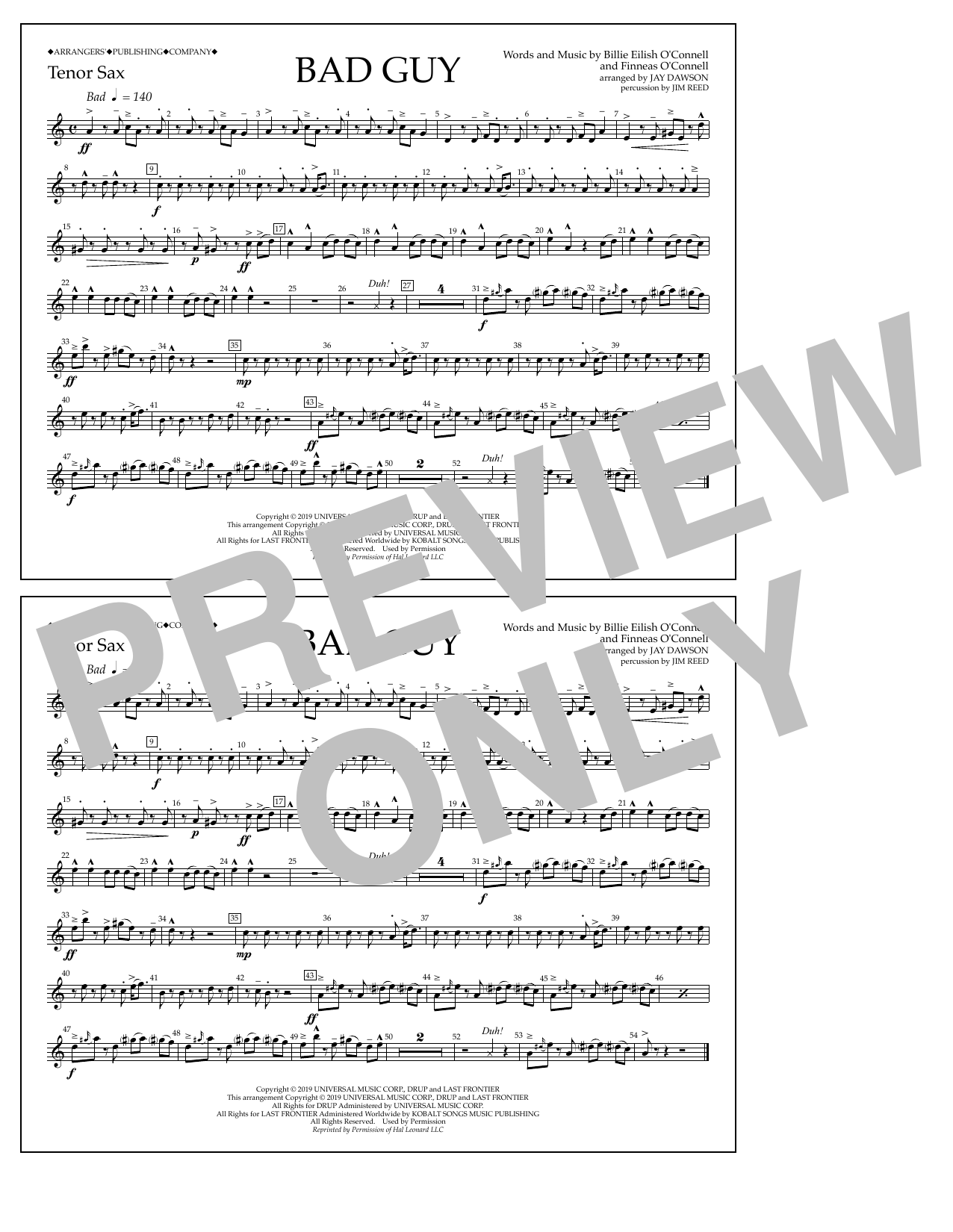 Billie Eilish Bad Guy (arr. Jay Dawson) - Tenor Sax Sheet Music Notes & Chords for Marching Band - Download or Print PDF