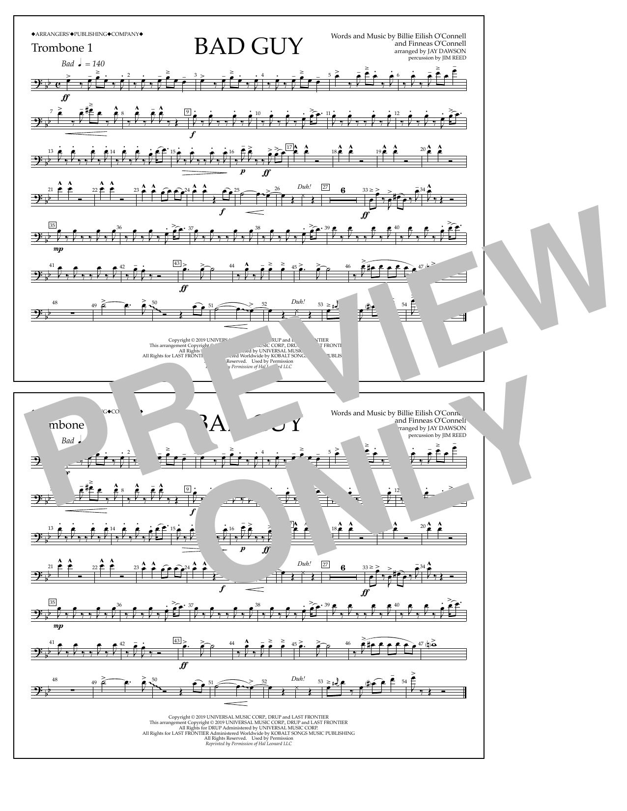 Billie Eilish Bad Guy (arr. Jay Dawson) - Trombone 1 Sheet Music Notes & Chords for Marching Band - Download or Print PDF Billie Eilish Bad Guy (arr. Jay Dawson) - Trombone 1 Sheet Music Notes & Chords for Marching Band - Download or Print PDF