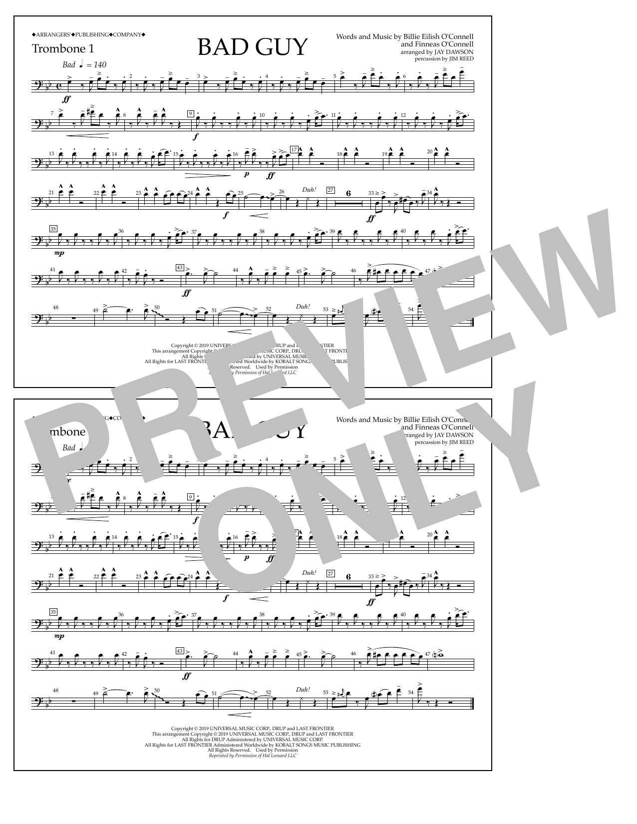 Billie Eilish Bad Guy (arr. Jay Dawson) - Trombone 1 Sheet Music Notes & Chords for Marching Band - Download or Print PDF