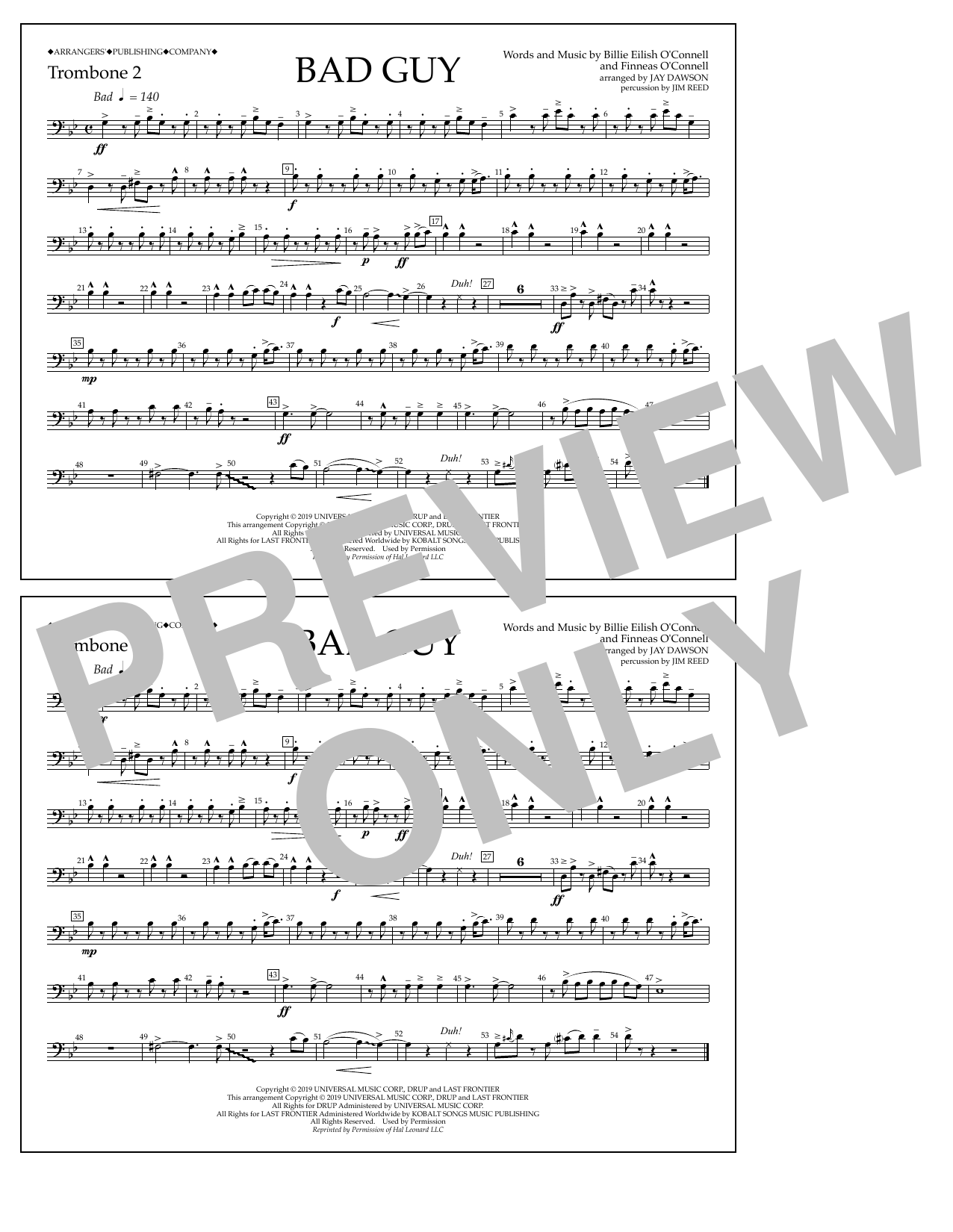 Billie Eilish Bad Guy (arr. Jay Dawson) - Trombone 2 Sheet Music Notes & Chords for Marching Band - Download or Print PDF