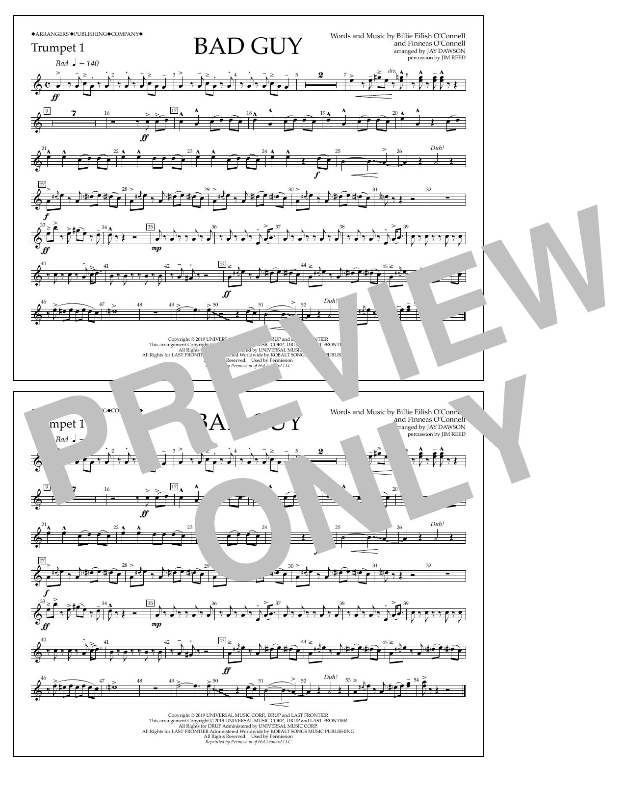 Billie Eilish Bad Guy (arr. Jay Dawson) - Trumpet 1 Sheet Music Notes & Chords for Marching Band - Download or Print PDF