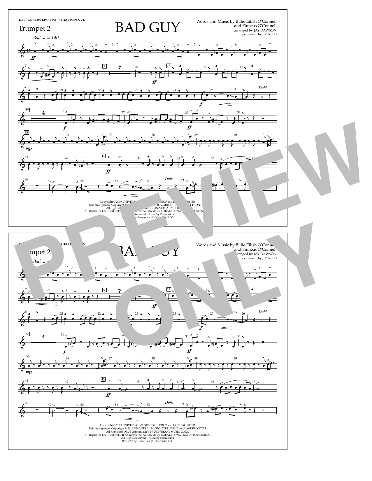 Billie Eilish Bad Guy (arr. Jay Dawson) - Trumpet 2 Sheet Music Notes & Chords for Marching Band - Download or Print PDF