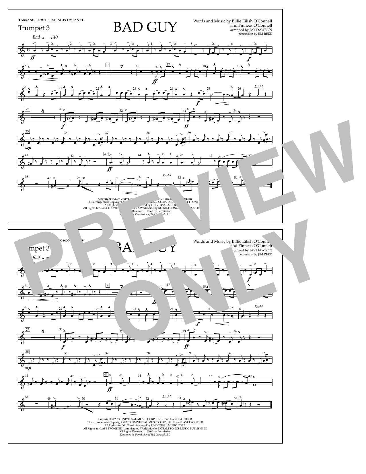 Billie Eilish Bad Guy (arr. Jay Dawson) - Trumpet 3 Sheet Music Notes & Chords for Marching Band - Download or Print PDF