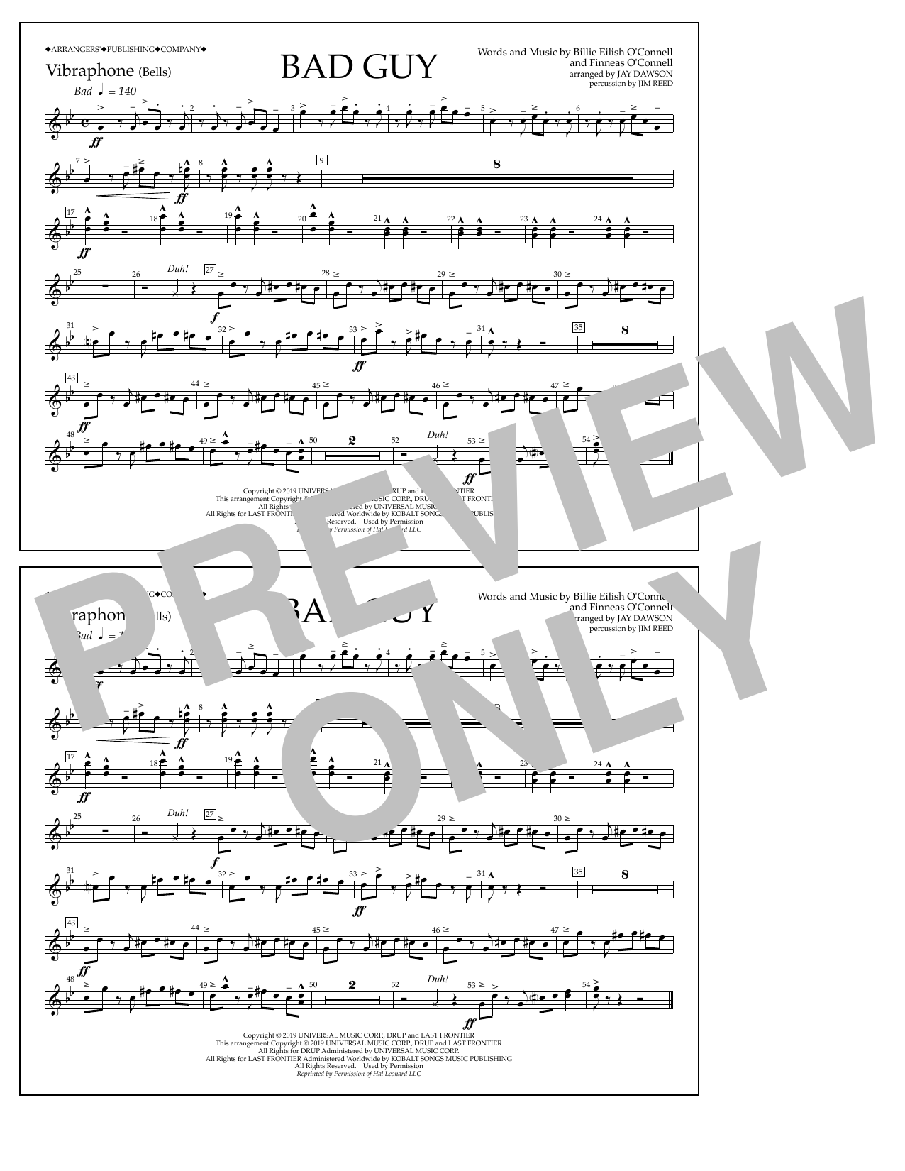Billie Eilish Bad Guy (arr. Jay Dawson) - Vibraphone Sheet Music Notes & Chords for Marching Band - Download or Print PDF