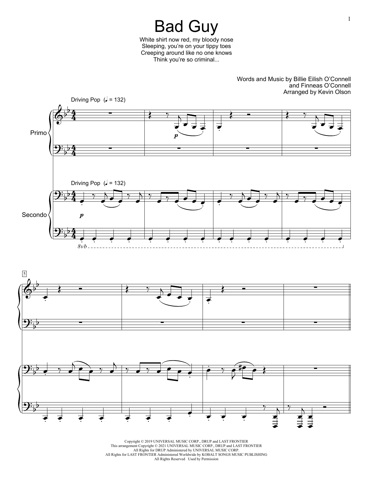 Billie Eilish bad guy (arr. Kevin Olson) Sheet Music Notes & Chords for Piano Duet - Download or Print PDF