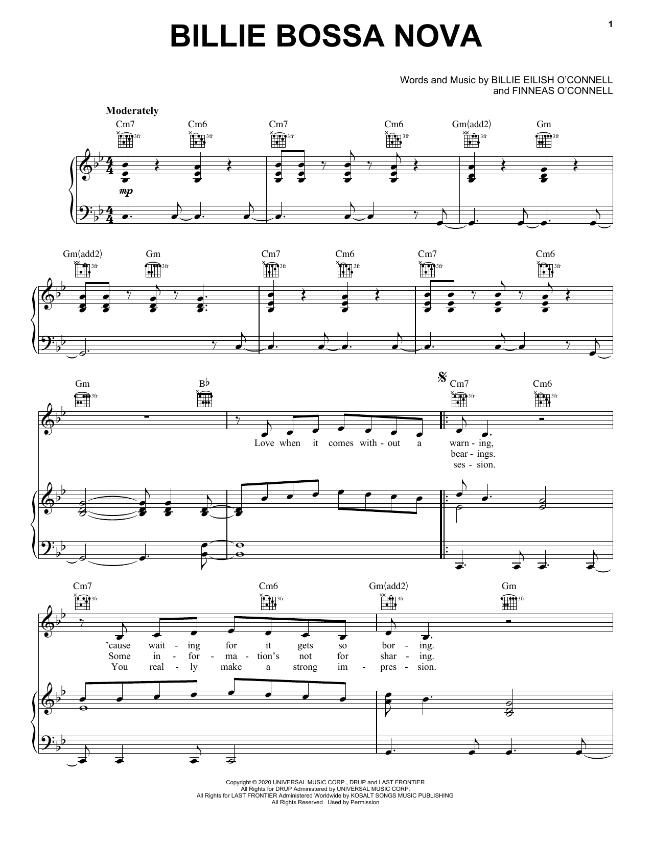 Billie Eilish Billie Bossa Nova Sheet Music Notes & Chords for Piano, Vocal & Guitar (Right-Hand Melody) - Download or Print PDF