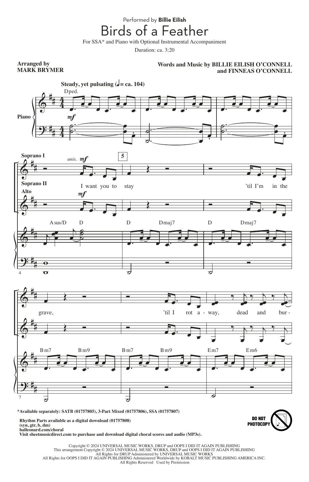 Billie Eilish Birds Of A Feather (arr. Mark Brymer) Sheet Music Notes & Chords for SSA Choir - Download or Print PDF