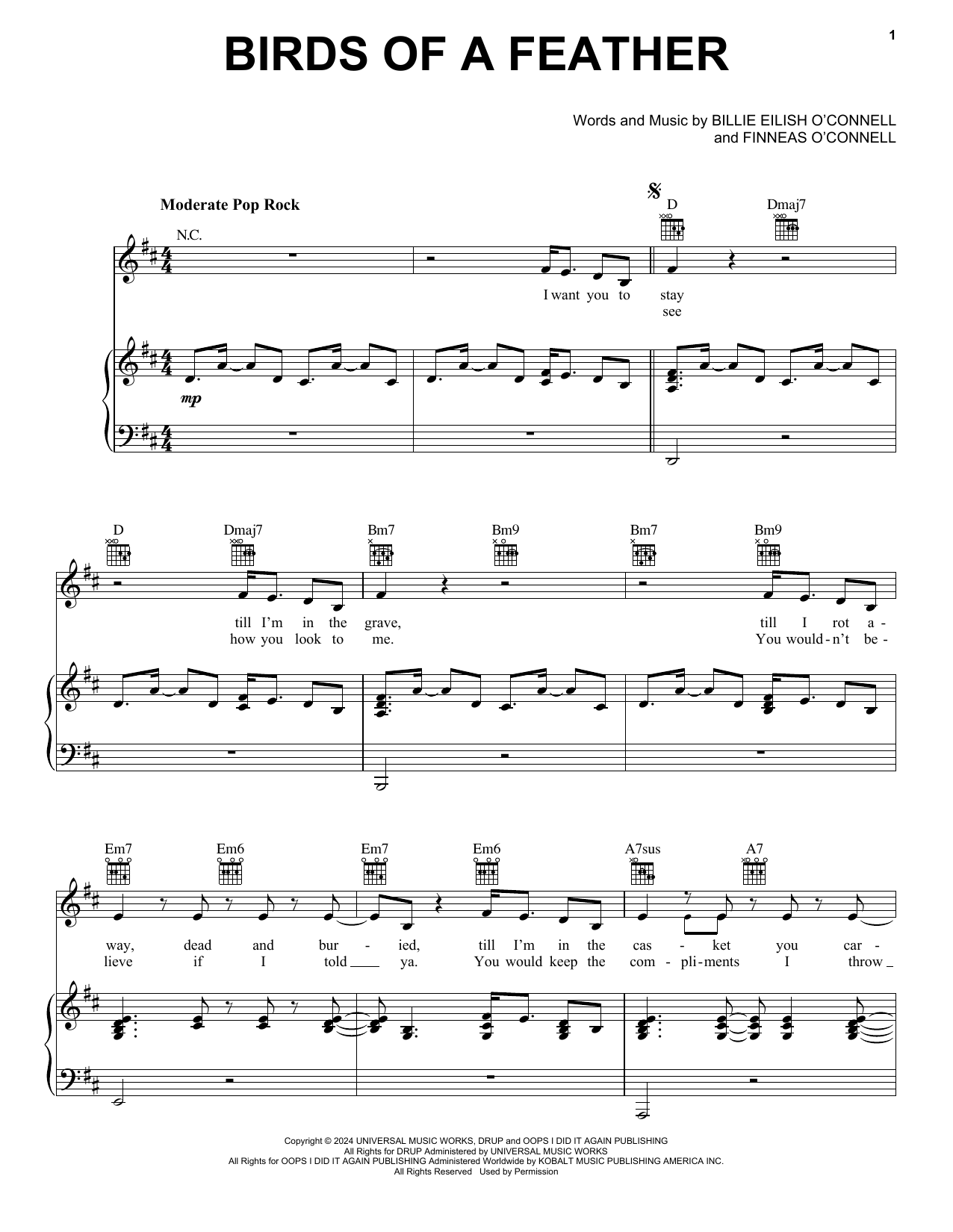 Billie Eilish BIRDS OF A FEATHER Sheet Music Notes & Chords for Piano, Vocal & Guitar Chords (Right-Hand Melody) - Download or Print PDF