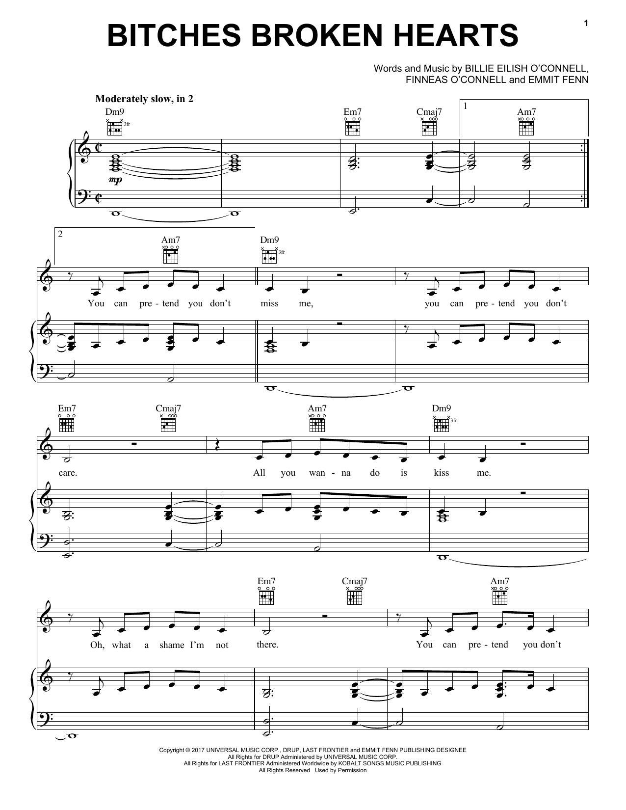 Billie Eilish Bitches Broken Hearts Sheet Music Notes & Chords for Piano, Vocal & Guitar (Right-Hand Melody) - Download or Print PDF