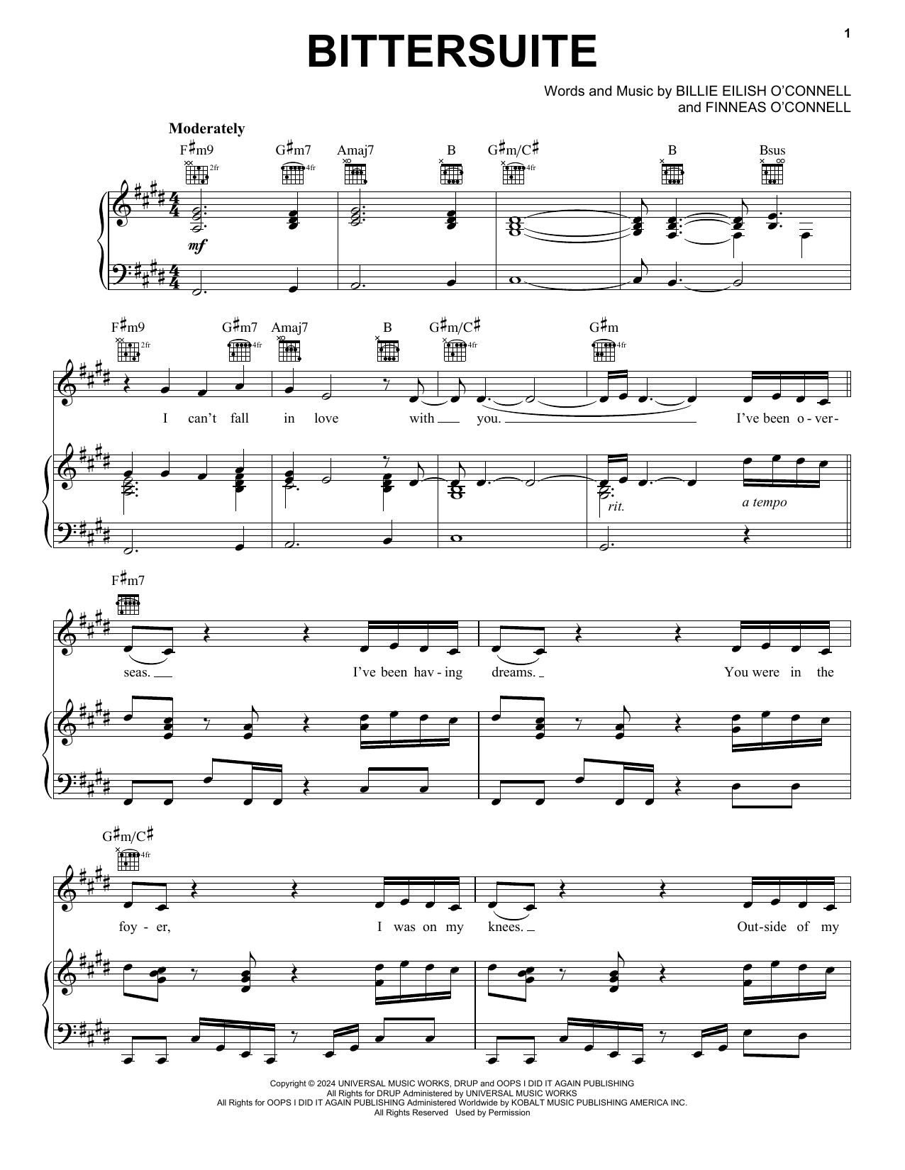 Billie Eilish BITTERSUITE Sheet Music Notes & Chords for Piano, Vocal & Guitar Chords (Right-Hand Melody) - Download or Print PDF