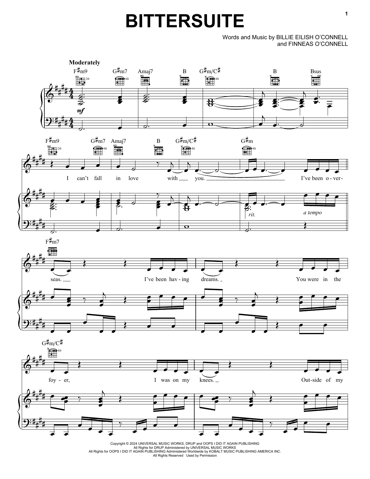 Billie Eilish BITTERSUITE Sheet Music Notes & Chords for Piano, Vocal & Guitar Chords (Right-Hand Melody) - Download or Print PDF