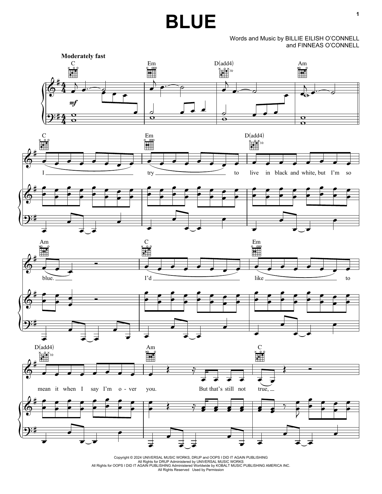 Billie Eilish BLUE Sheet Music Notes & Chords for Piano, Vocal & Guitar Chords (Right-Hand Melody) - Download or Print PDF