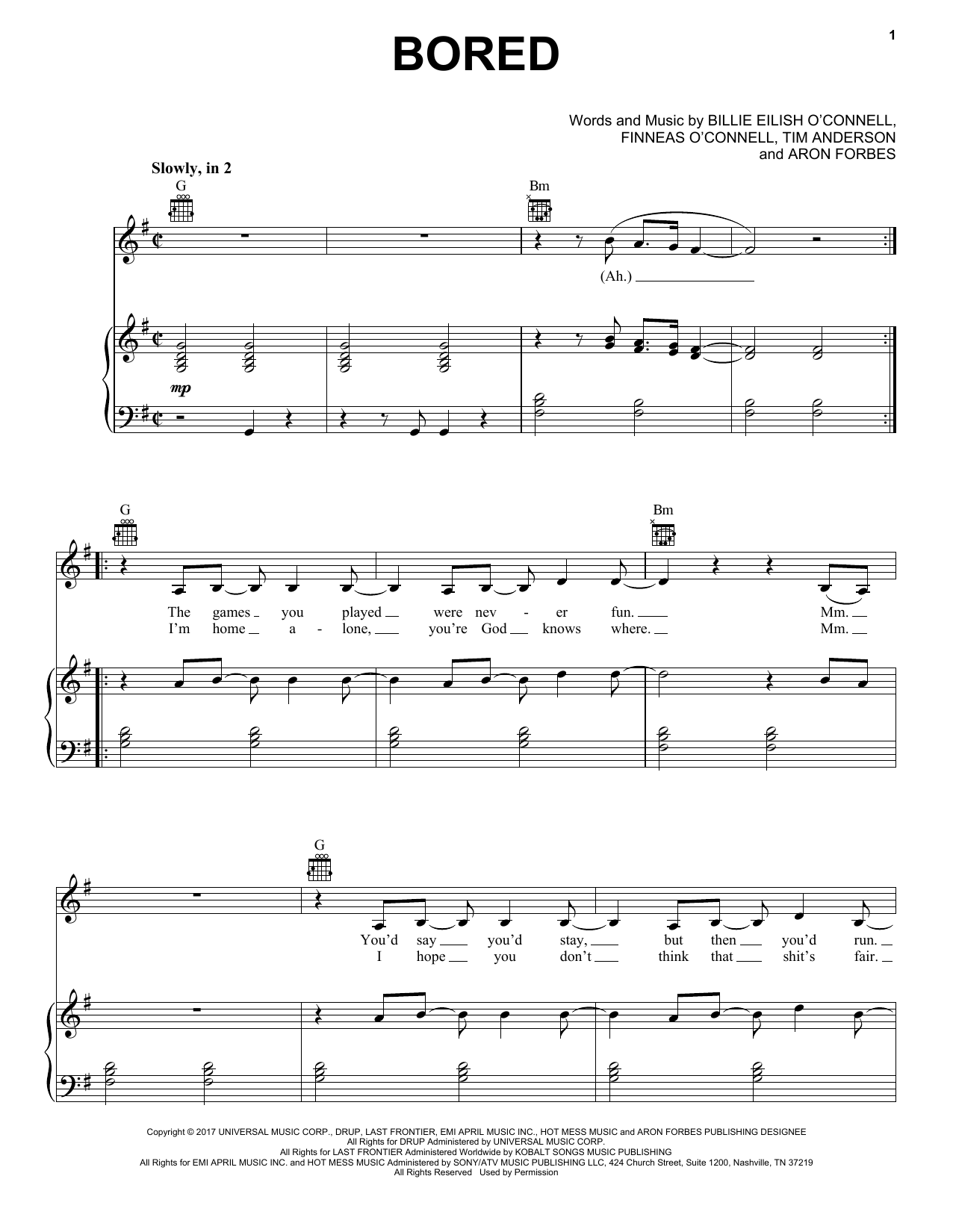 Billie Eilish Bored (from 13 Reasons Why) Sheet Music Notes & Chords for Piano, Vocal & Guitar (Right-Hand Melody) - Download or Print PDF