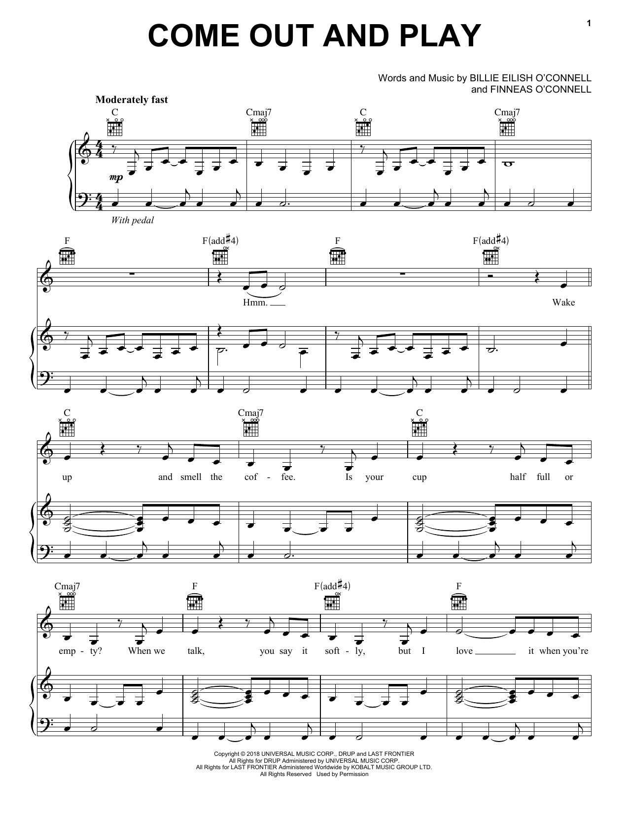 Billie Eilish come out and play Sheet Music Notes & Chords for Piano, Vocal & Guitar (Right-Hand Melody) - Download or Print PDF
