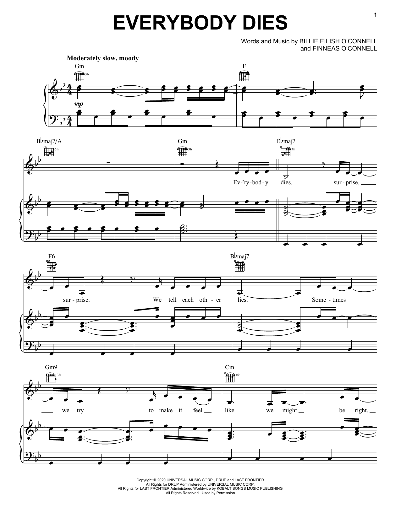Billie Eilish Everybody Dies Sheet Music Notes & Chords for Piano, Vocal & Guitar (Right-Hand Melody) - Download or Print PDF