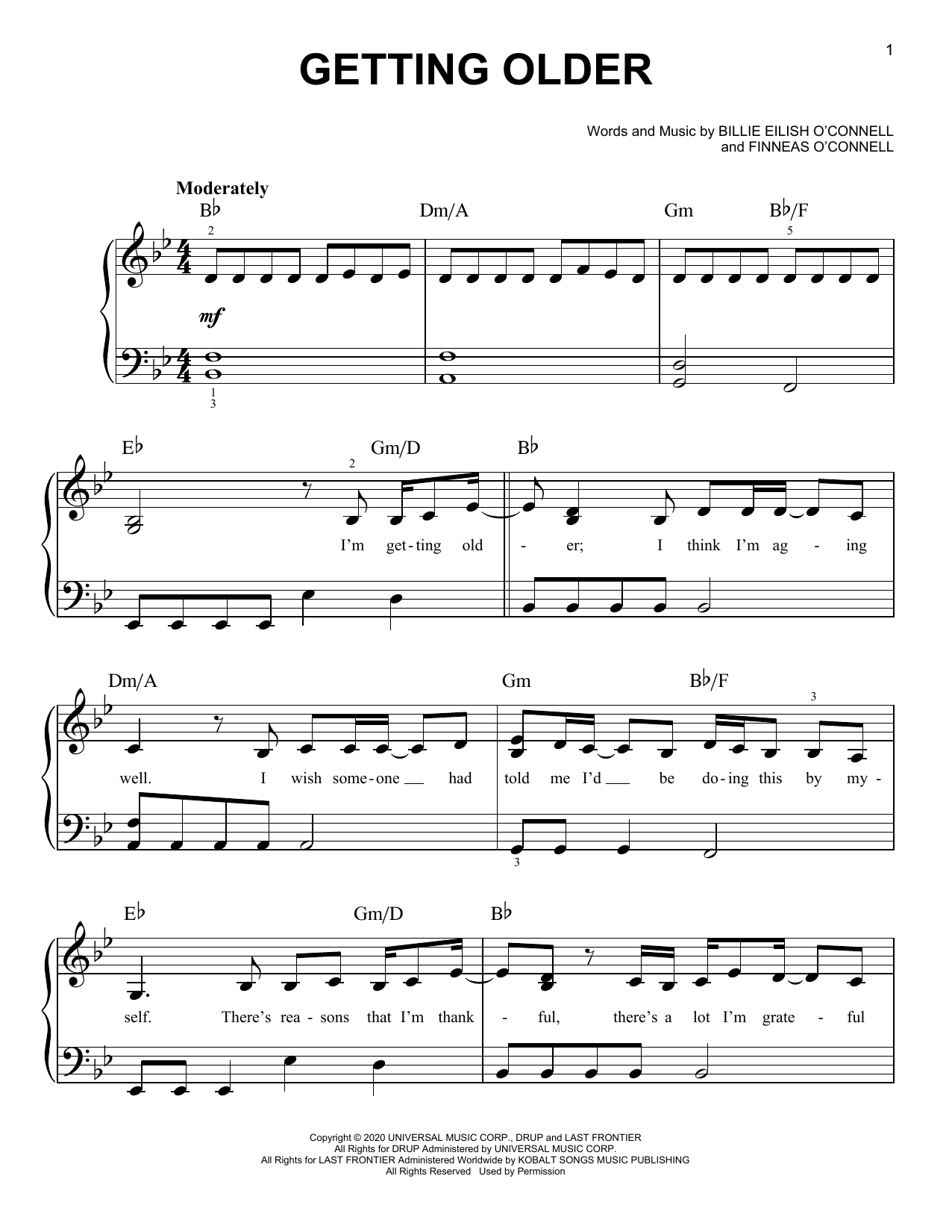 Billie Eilish Getting Older Sheet Music Notes & Chords for Easy Piano - Download or Print PDF
