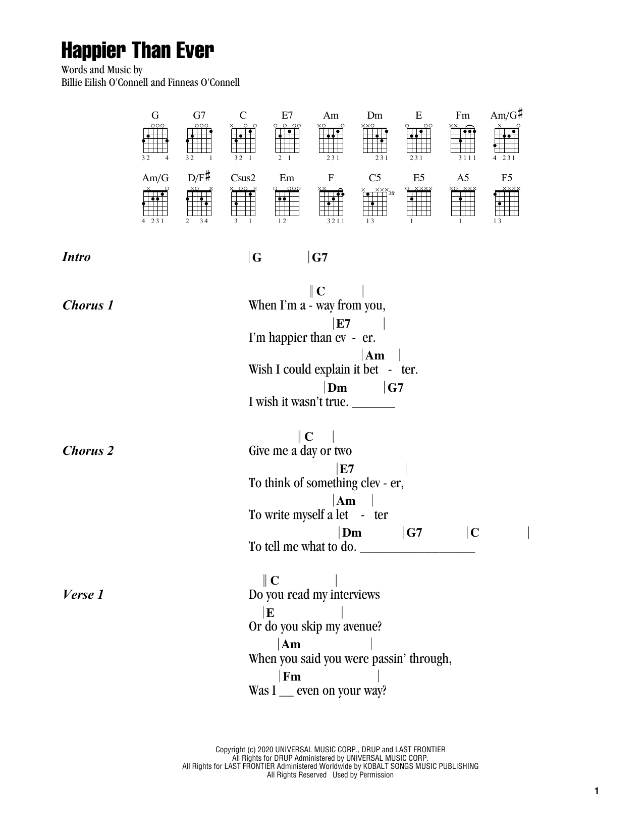 Billie Eilish Happier Than Ever Sheet Music Notes & Chords for Piano, Vocal & Guitar (Right-Hand Melody) - Download or Print PDF