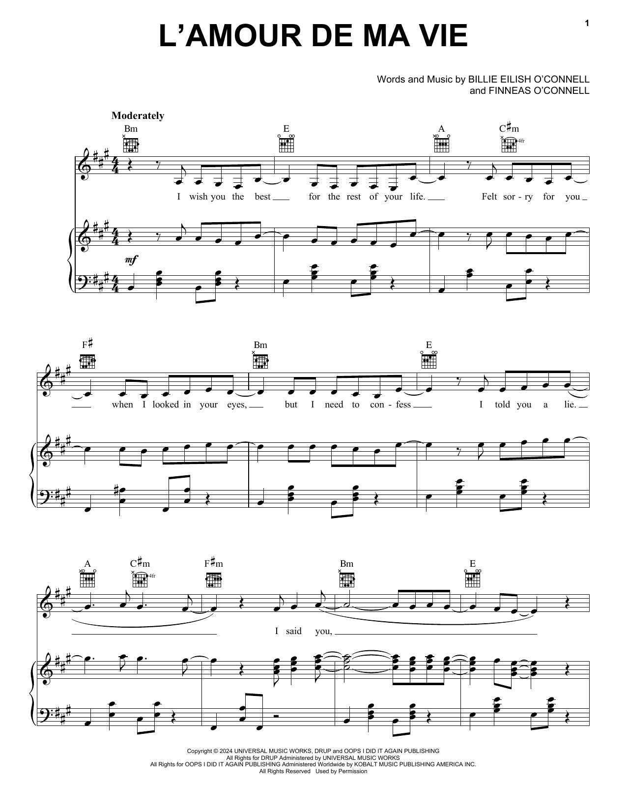 Billie Eilish L'AMOUR DE MA VIE Sheet Music Notes & Chords for Piano, Vocal & Guitar Chords (Right-Hand Melody) - Download or Print PDF