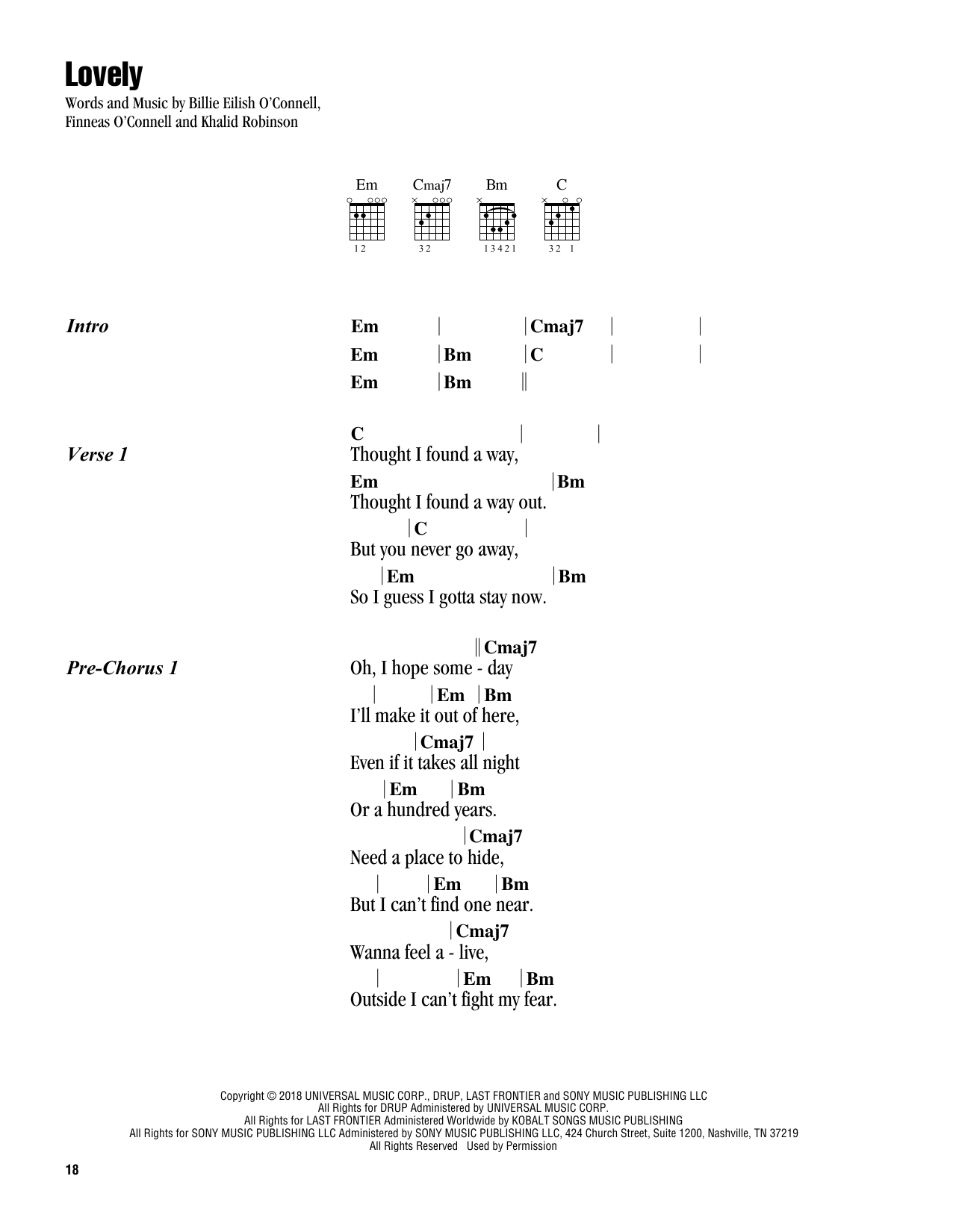 Billie Eilish lovely (feat. Khalid) (from 13 Reasons Why) Sheet Music Notes & Chords for Guitar Chords/Lyrics - Download or Print PDF