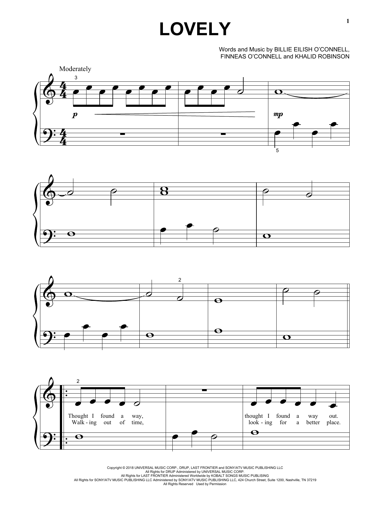 Billie Eilish lovely (from 13 Reasons Why) Sheet Music Notes & Chords for Big Note Piano - Download or Print PDF