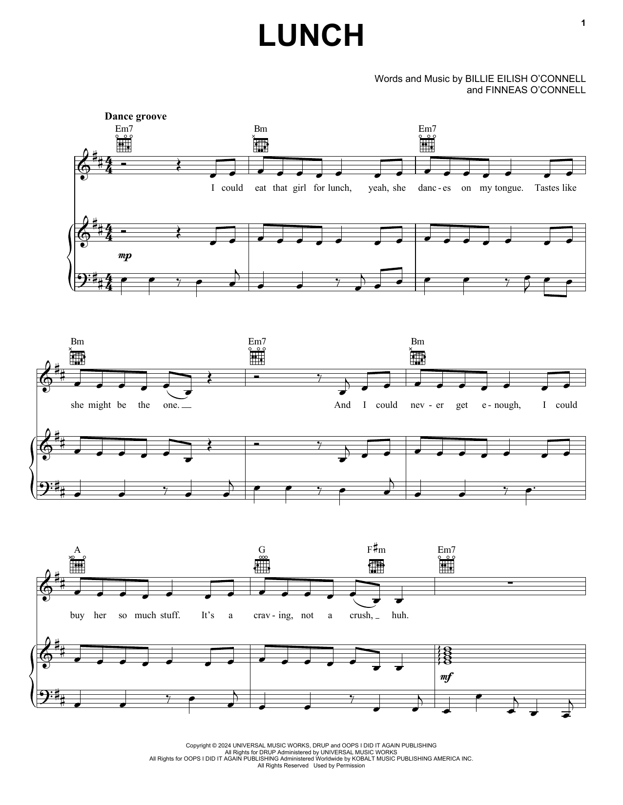 Billie Eilish LUNCH Sheet Music Notes & Chords for Piano, Vocal & Guitar Chords (Right-Hand Melody) - Download or Print PDF