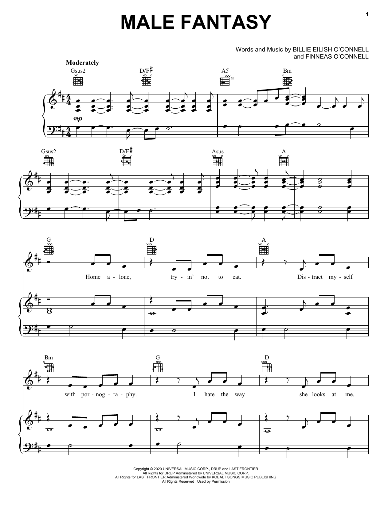 Billie Eilish Male Fantasy Sheet Music Notes & Chords for Piano, Vocal & Guitar (Right-Hand Melody) - Download or Print PDF
